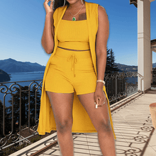 Load image into Gallery viewer, 3PCS Ribbed Crop Tank Top &amp; Shorts Set With Vest Cardigan
