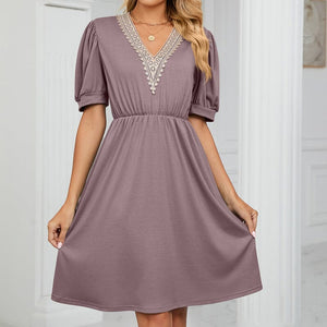 V-neck Long Pocket Casual Dress