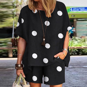 Dot Print Half Sleeve Elastic Waist Suit For Women