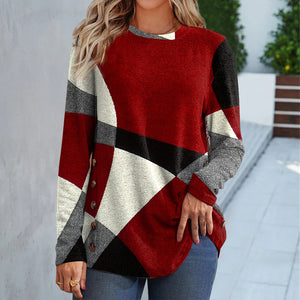Women's Button Geometric Contrast Color Long-sleeved Printed Loose T-shirt