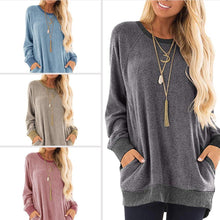 Load image into Gallery viewer, Womens Casual Color Block Long Sleeve Round Neck Pocket T Shirts
