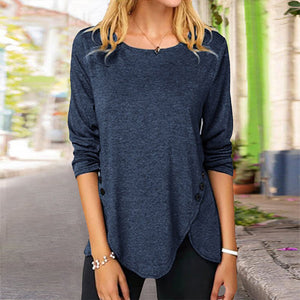 Irregular Button Long Sleeve Crew Neck Casual T-Shirt