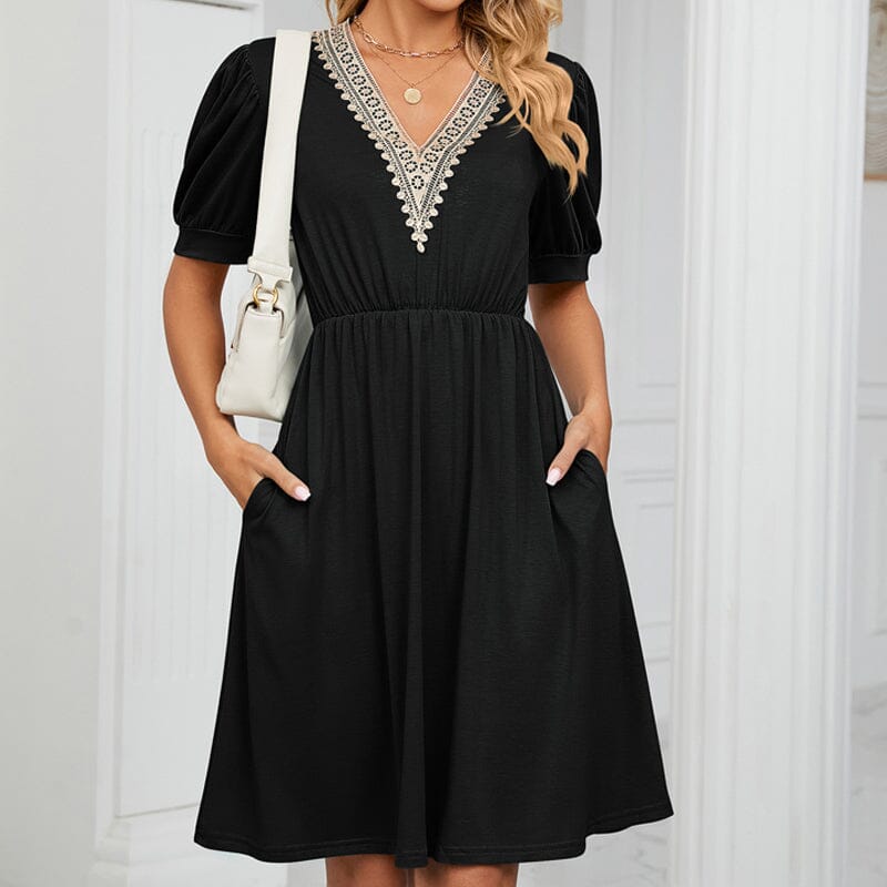 V-neck Long Pocket Casual Dress