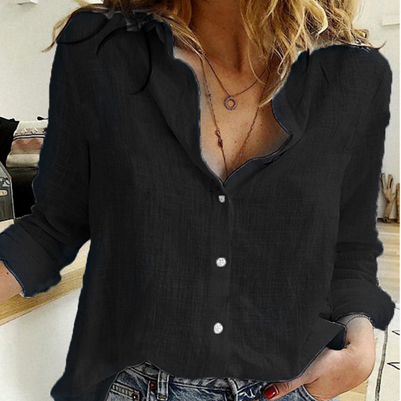 Solid Color Casual Loose Long Sleeve Linen Shirt