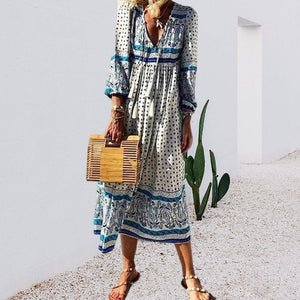 V Neck Holiday Long Sleeve Printed Dress