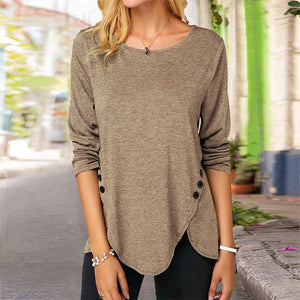 Irregular Button Long Sleeve Crew Neck Casual T-Shirt