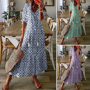 Loose V Neck Printed Long Dress