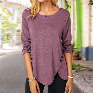 Irregular Button Long Sleeve Crew Neck Casual T-Shirt