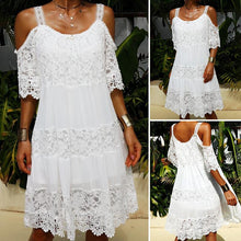 Load image into Gallery viewer, Lace Solid Shift Cold Shoulder Short Sleeves Midi Elegant Dresses
