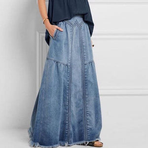 Women Distressed Solid Color Elastic Waist Loose Denim Skirt