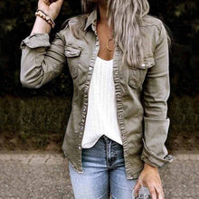 Load image into Gallery viewer, Solid Color Lapel Neck Pleated Denim Jacket
