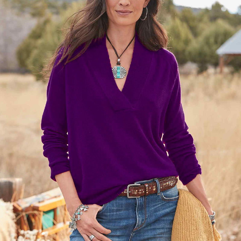 Solid Color Loose Long Sleeve V-Neck Pullover
