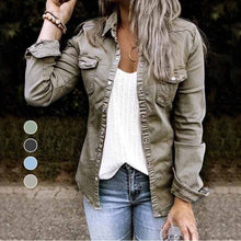 Load image into Gallery viewer, Solid Color Lapel Neck Pleated Denim Jacket
