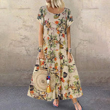 Load image into Gallery viewer, Vintage Cotton Linen Floral Print Short Sleeve Crew Neck Dress
