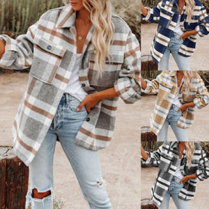 Women's Autumn Winter Long Sleeve Loose Plaid Shirt Coat