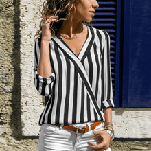 Load image into Gallery viewer, Women Shirt V-neck Striped Print Blouse
