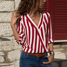 Load image into Gallery viewer, Women Shirt V-neck Striped Print Blouse
