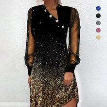 Load image into Gallery viewer, Button Mesh Panel Printed Long-Sleeve Dress
