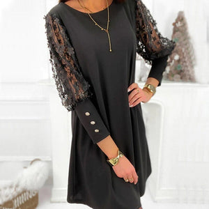Plain Dress with Round Neck and Puff Sleeves
