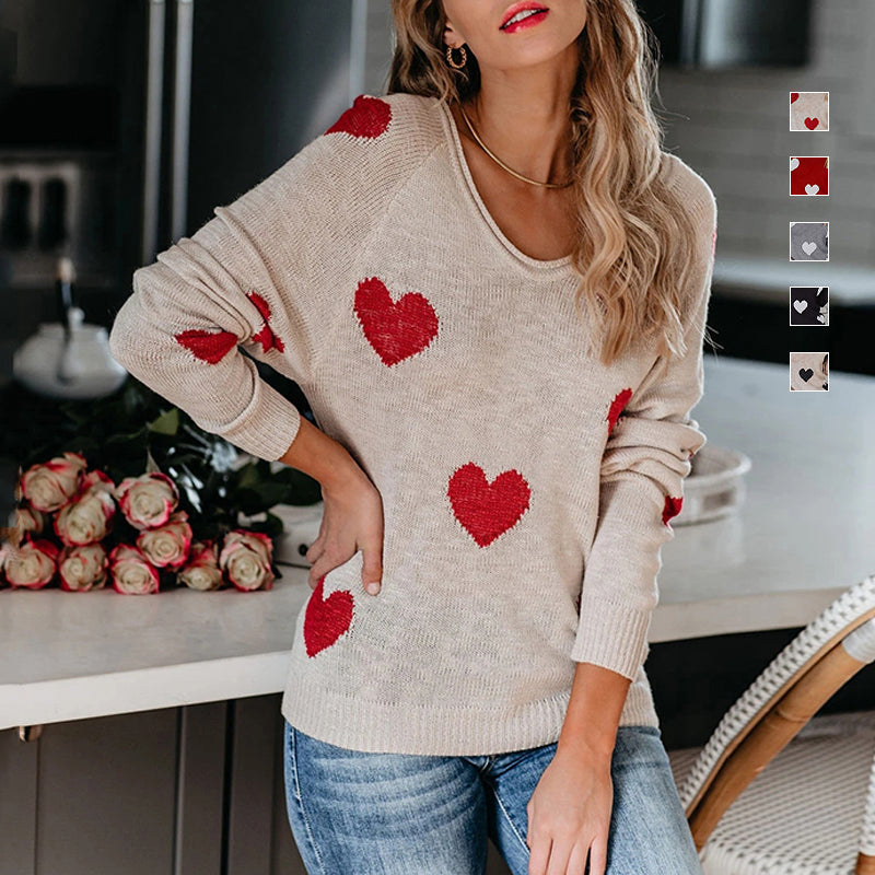 Heart V-Neck Knit Long Sleeve Sweater