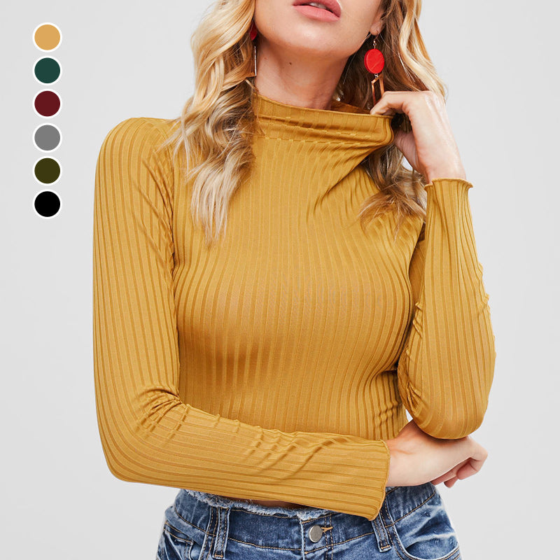 Half Turtleneck Solid Color Long Sleeve Knit T-Shirt