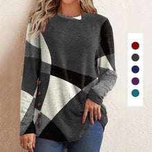 Load image into Gallery viewer, Women&#39;s Button Geometric Contrast Color Long-sleeved Printed Loose T-shirt
