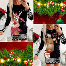 Load image into Gallery viewer, Long Sleeve Round Neck Pullover Christmas Print Sexy Pack Hip Dress
