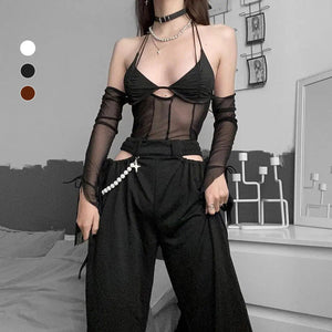 Mesh Sheer Off Shoulder Halter Top