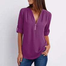 Load image into Gallery viewer, V Neck Zipper Patchwork Plain Blouses
