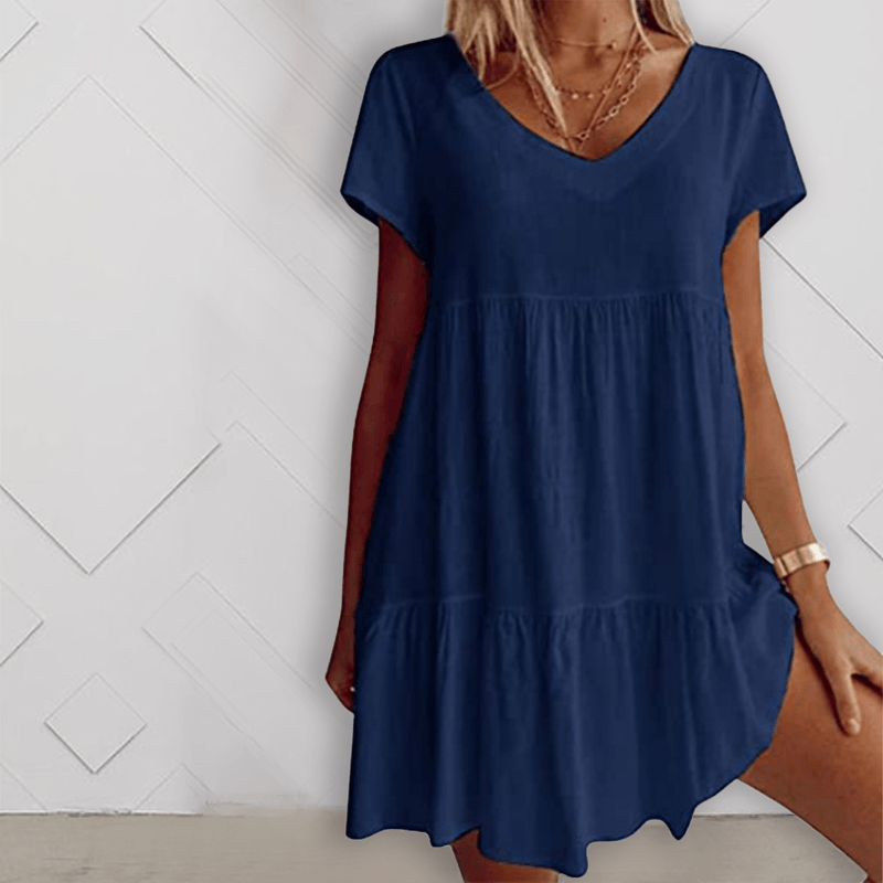 Cotton-Blend V Neck Casual Short Sleeve Weaving Dress