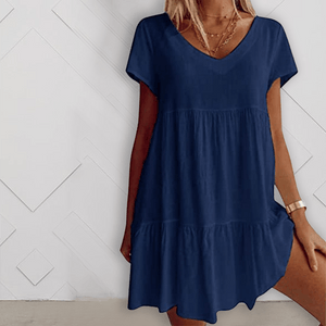 Cotton-Blend V Neck Casual Short Sleeve Weaving Dress