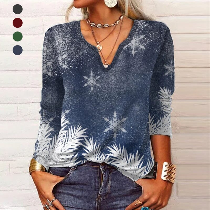 Long Sleeve Floral Christmas V-Neck Button T-Shirt
