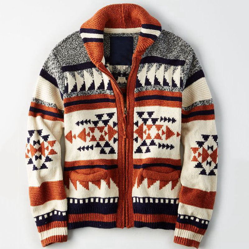 Long Sleeve Lapel Jacquard Sweater Cardigan