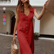 Load image into Gallery viewer, Ladies V-Neck Single Breasted Slim Fit Cotton Linen Dress
