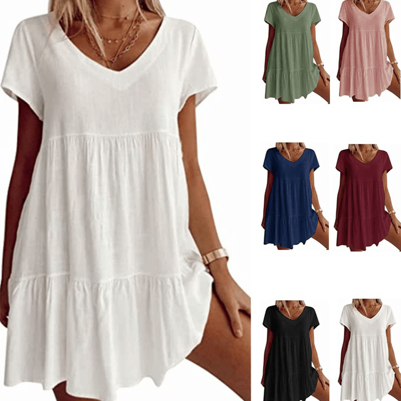 Cotton-Blend V Neck Casual Short Sleeve Weaving Dress