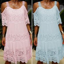 Load image into Gallery viewer, Lace Solid Shift Cold Shoulder Short Sleeves Midi Elegant Dresses
