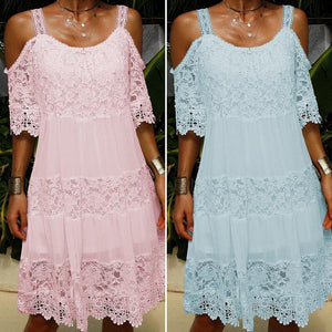 Lace Solid Shift Cold Shoulder Short Sleeves Midi Elegant Dresses