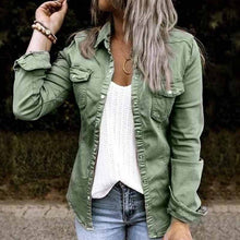 Load image into Gallery viewer, Solid Color Lapel Neck Pleated Denim Jacket
