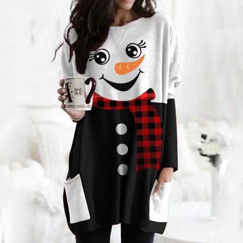 Christmas Snowman Print Long Sleeve Dress