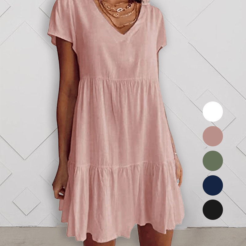Cotton-Blend V Neck Casual Short Sleeve Weaving Dress
