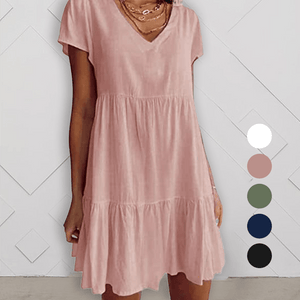 Cotton-Blend V Neck Casual Short Sleeve Weaving Dress
