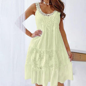 Round Neck Solid Color Sleeveless Lace Panel Dress