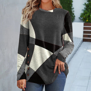 Women's Button Geometric Contrast Color Long-sleeved Printed Loose T-shirt