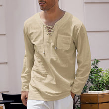 Load image into Gallery viewer, Men&#39;s Cotton Linen Casual Lace-Up V-Neck Long Sleeve T-Shirt

