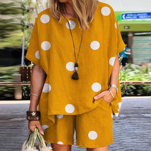 Dot Print Half Sleeve Elastic Waist Suit For Women