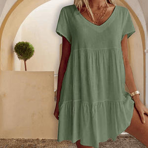 Cotton-Blend V Neck Casual Short Sleeve Weaving Dress