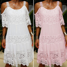 Load image into Gallery viewer, Lace Solid Shift Cold Shoulder Short Sleeves Midi Elegant Dresses
