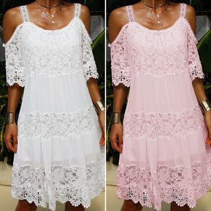 Lace Solid Shift Cold Shoulder Short Sleeves Midi Elegant Dresses