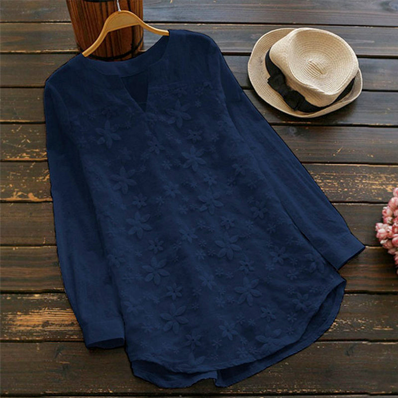 Women's Lace Embroidered Cotton and Linen Long-sleeved Shirt