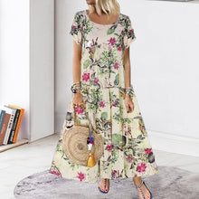 Load image into Gallery viewer, Vintage Cotton Linen Floral Print Short Sleeve Crew Neck Dress
